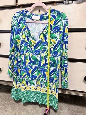 Cappagolla Tropical Leaf V-Neck Tunic in Blue, Green & Yellow